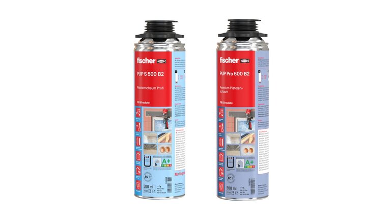 Pistolenschaum fischer PUP S 500 B2 für das Füllen, Dämmen und Abdichten von Fugen und Anschlüssen. Emissionsarm, vielseitig einsetzbar im Innen- und Außenbereich.